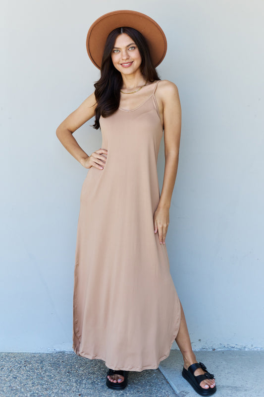 Ninexis Good Energy Full Size Cami Side Slit Maxi Dress in Camel | NEW ARRIVALS, Ninexis, Ship from USA | Trendsi