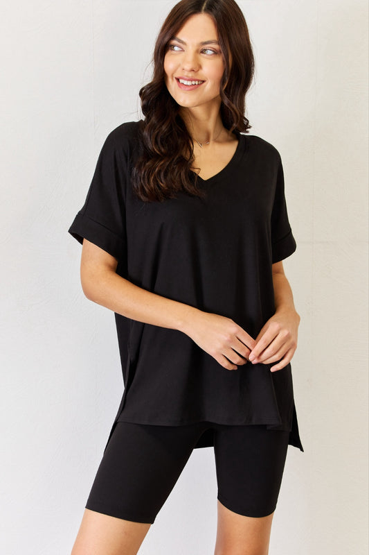 Zenana Full Size V-Neck Short Sleeve Slit T-Shirt and Shorts Set | NEW ARRIVALS, Ship from USA, Zenana | Trendsi