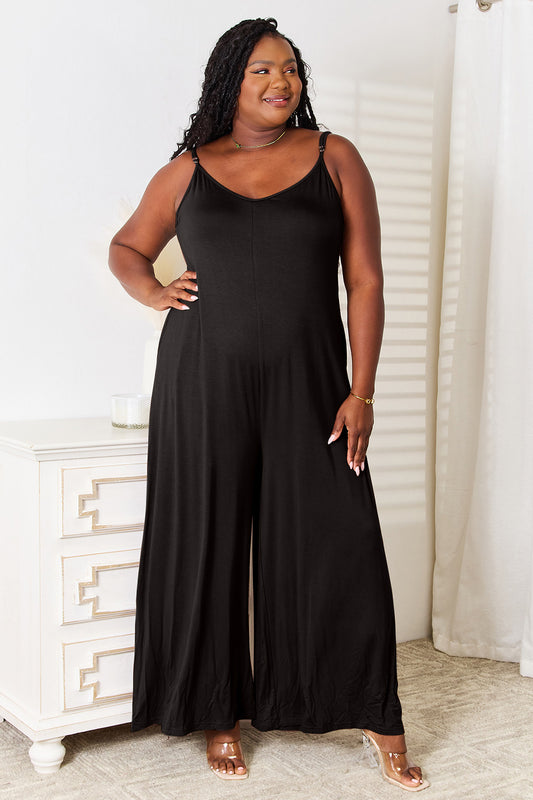 Double Take Full Size Soft Rayon Spaghetti Strap Tied Wide Leg Jumpsuit | Double Take, NEW ARRIVALS, Ship from USA | Trendsi