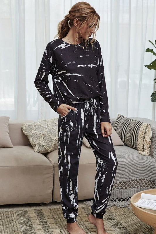 Tie-Dye Round Neck Top and Drawstring Waist Joggers Lounge Set | NEW ARRIVALS, Shiny, Ship from USA | Trendsi