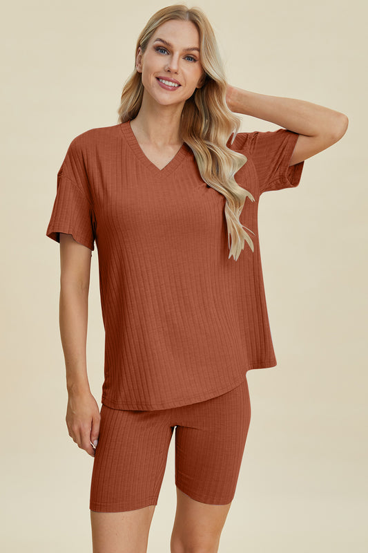 Basic Bae Full Size Ribbed V-Neck Short Sleeve Top and Shorts Set | Basic Bae, NEW ARRIVALS, Ship from USA | Trendsi