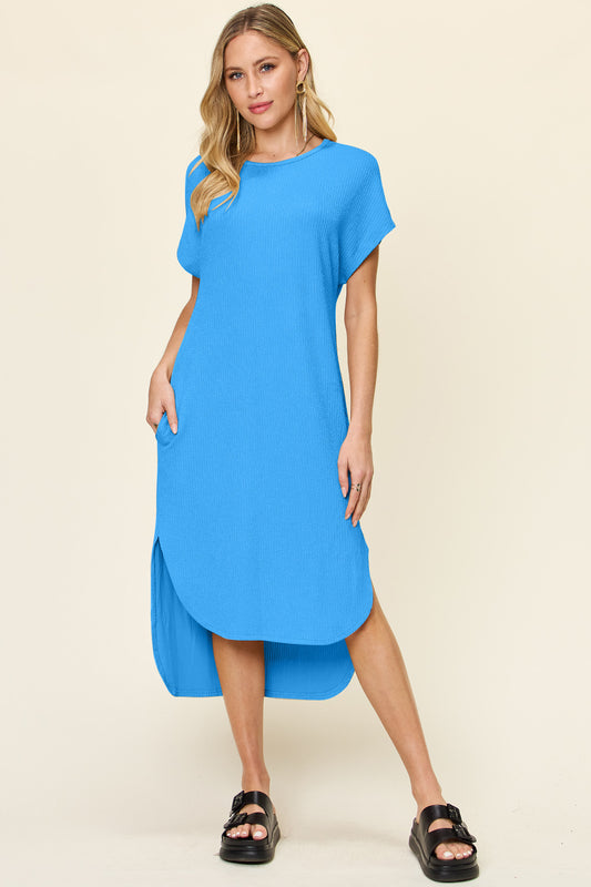 Double Take Full Size Round Neck Short Sleeve Slit Dress | Double Take, NEW ARRIVALS, Ship from USA | Trendsi