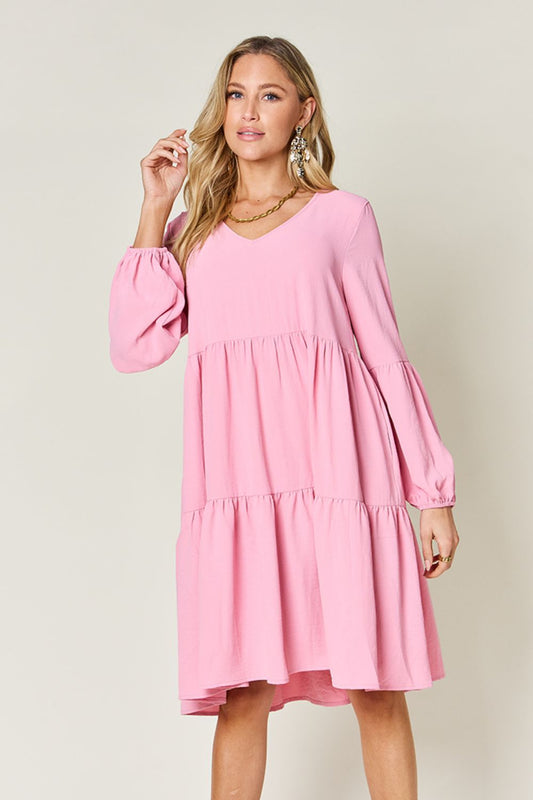 Double Take Full Size V-Neck Balloon Sleeve Tiered Dress with Pockets | Double Take, NEW ARRIVALS, Ship from USA | Trendsi