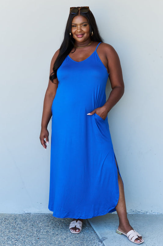 Ninexis Good Energy Full Size Cami Side Slit Maxi Dress in Royal Blue | NEW ARRIVALS, Ninexis, Ship from USA | Trendsi