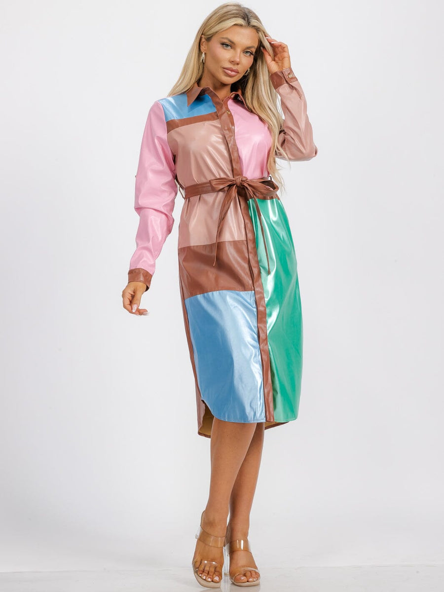 Colorblock PU Leather Belted Shirt Dress