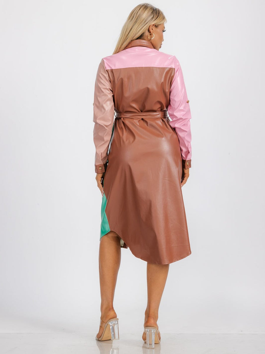 Colorblock PU Leather Belted Shirt Dress