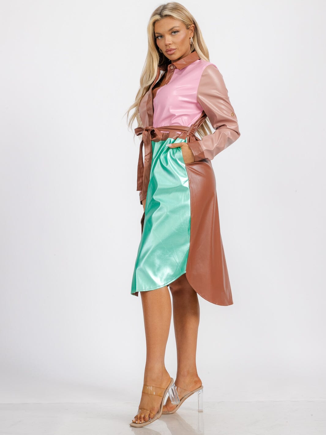 Colorblock PU Leather Belted Shirt Dress