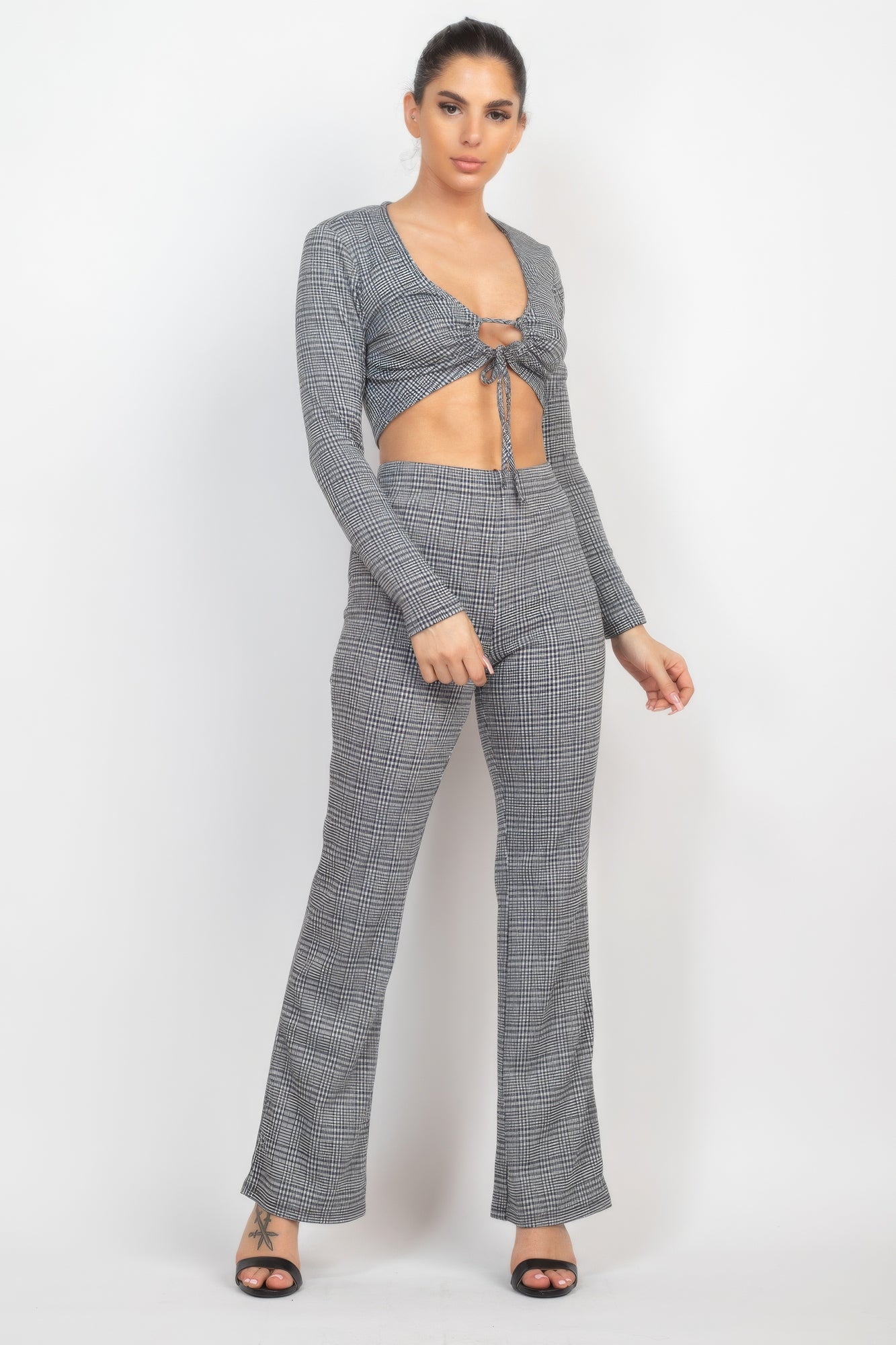 Plaid Cut-out Long Sleeve Top & Pants Set | APPAREL, Black/White, SALE, SALE 50% OFF, SALE APPAREL, SETS | Style Your Curves