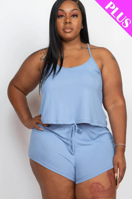 Plus Ribbed Strappy Top And Shorts Set | Berry, Black, Cloud, Green Bay, Latte, Orchid, PLUS SIZE, PLUS SIZE BASICS & ACTIVEWEAR, PLUS SIZE SETS, SALE, SALE 50% OFF, SALE PLUS SIZE, Taupe | Style Your Curves