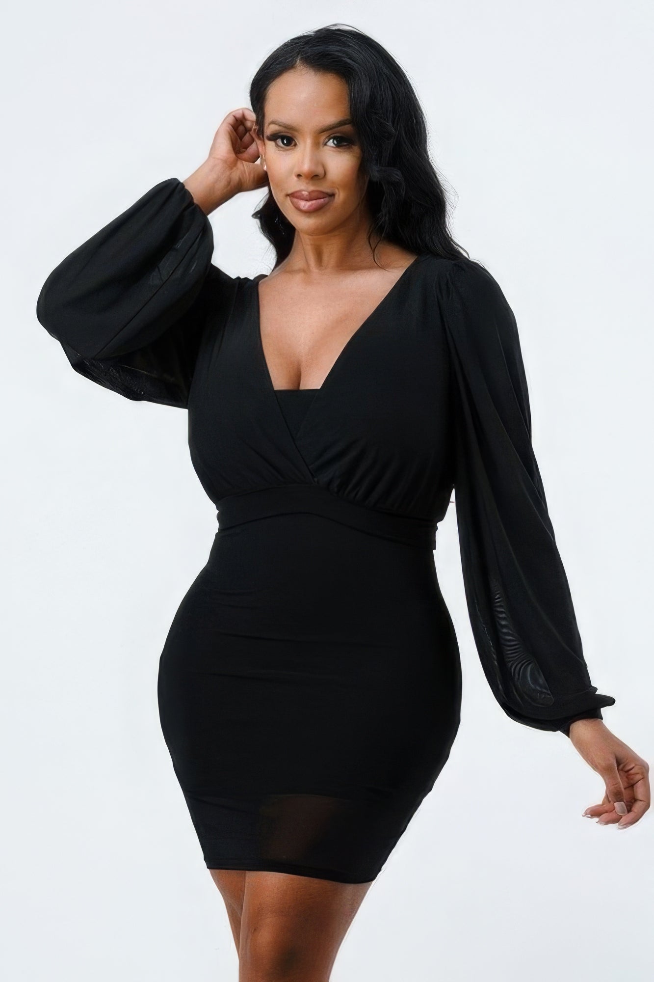 Lux Mesh Layered Lining V Neck Bubble Slv Bodycon Dress | APPAREL, Black, DRESSES, SALE, SALE 50% OFF, SALE APPAREL | Style Your Curves