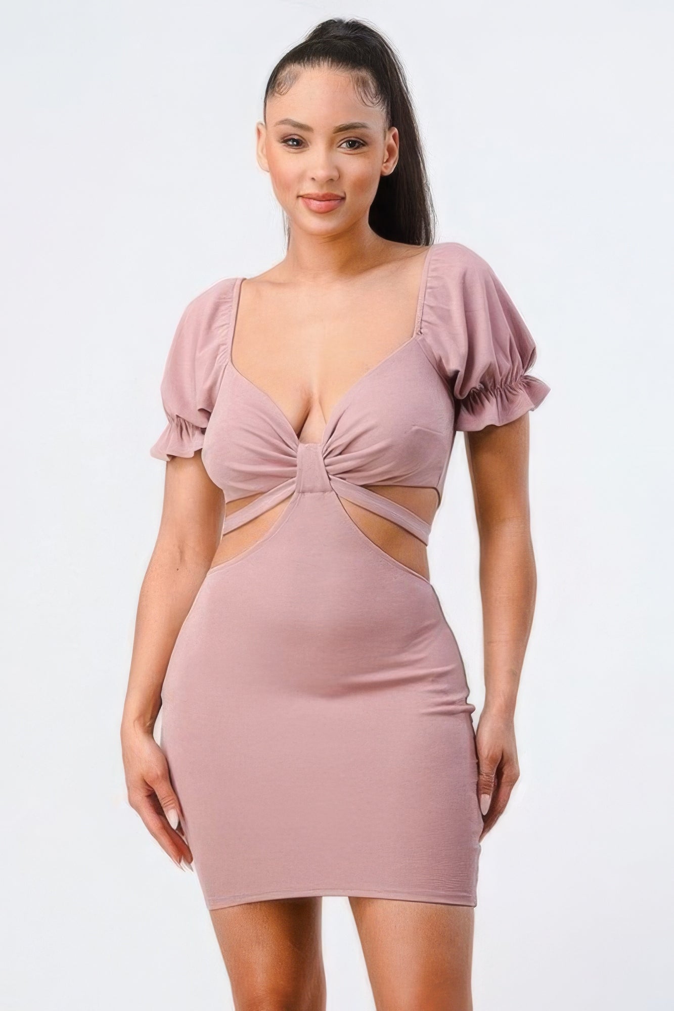 Lux Side Cutout W/ Back Tie Detail Bodycon Dress | APPAREL, Black, DRESSES, Mauve, SALE, SALE 50% OFF, SALE APPAREL | Style Your Curves