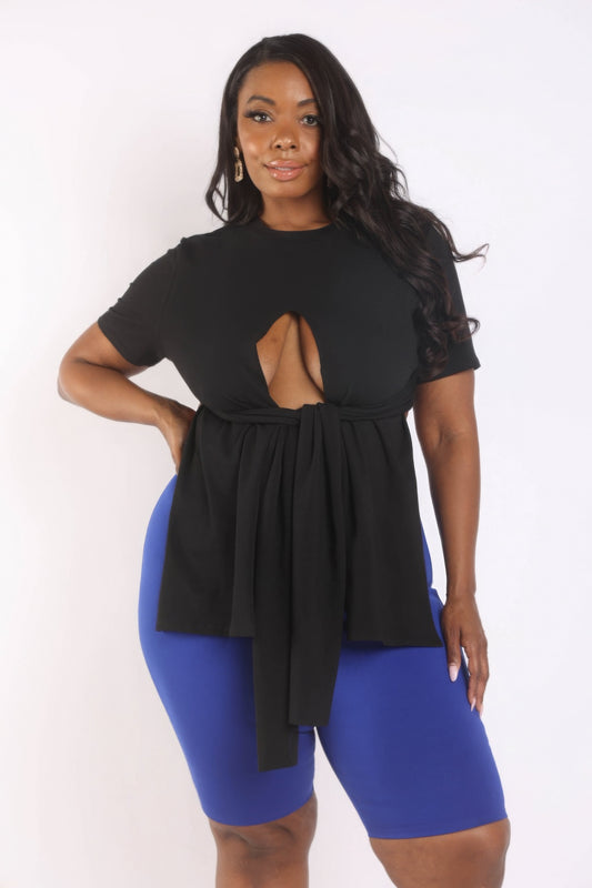 Tie Detailed Slit T Shirt | Black, PLUS SIZE, PLUS SIZE TOPS, SALE, SALE 50% OFF, SALE PLUS SIZE | Style Your Curves