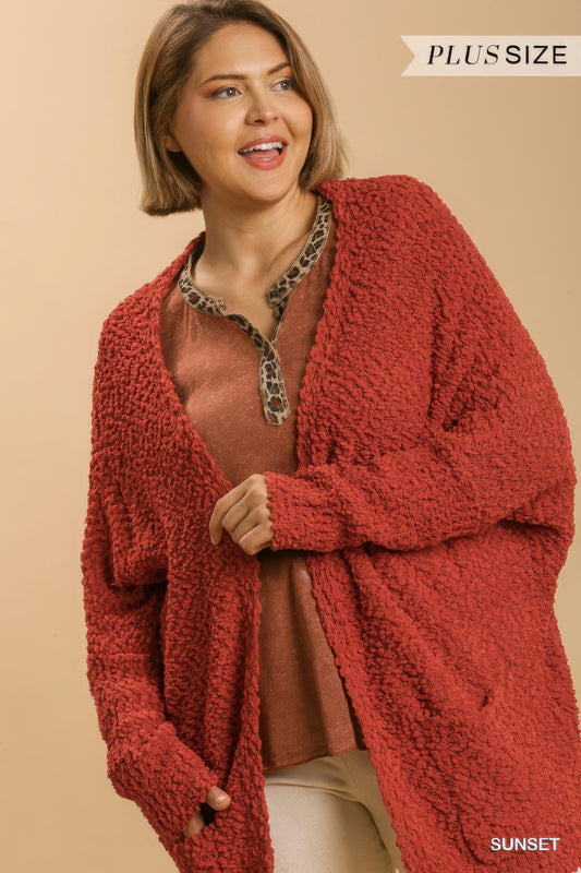 Open Front Oversized Cardigan Sweater With Pockets | Black, Camel, Hot Pink, PLUS SIZE, PLUS SIZE OUTERWEAR, PLUS SIZE TOPS, SALE, SALE 50% OFF, SALE PLUS SIZE, Sunset | Style Your Curves