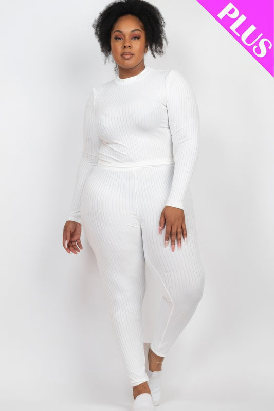 Plus Ribbed Mock Neck Long Sleeve Top & Leggings Set | Blue Haze, CCPRODUCTS, Mocha, PLUS SIZE, PLUS SIZE BASICS & ACTIVEWEAR, PLUS SIZE SETS, SALE, SALE 50% OFF, SALE PLUS SIZE, Taupe, White | Style Your Curves