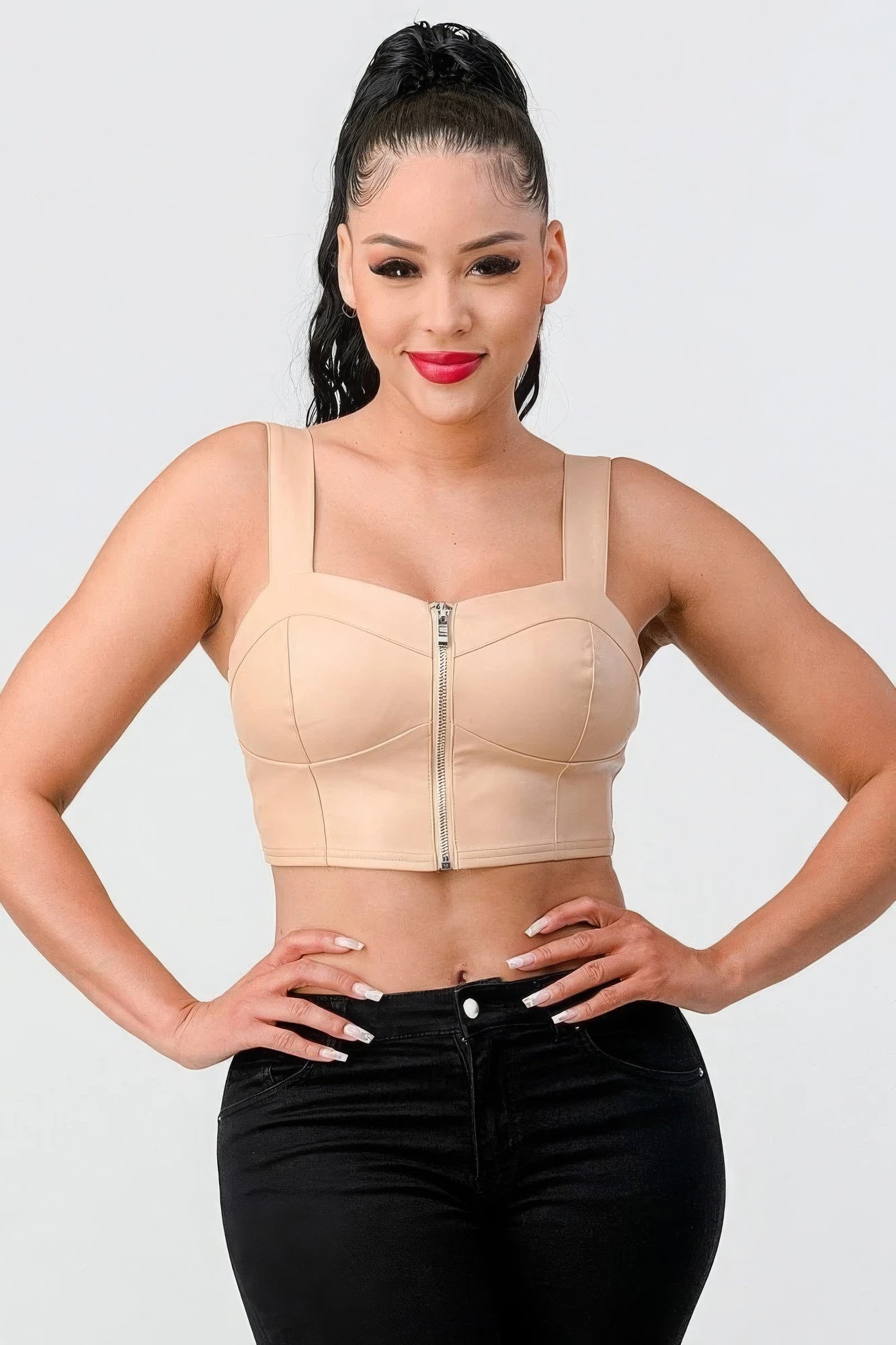 Lux Faux Leather Pu Zipup Strap Sleeveless Cropped Top | APPAREL, CCPRODUCTS, Nude, SALE, SALE 50% OFF, SALE APPAREL, TOPS | Style Your Curves