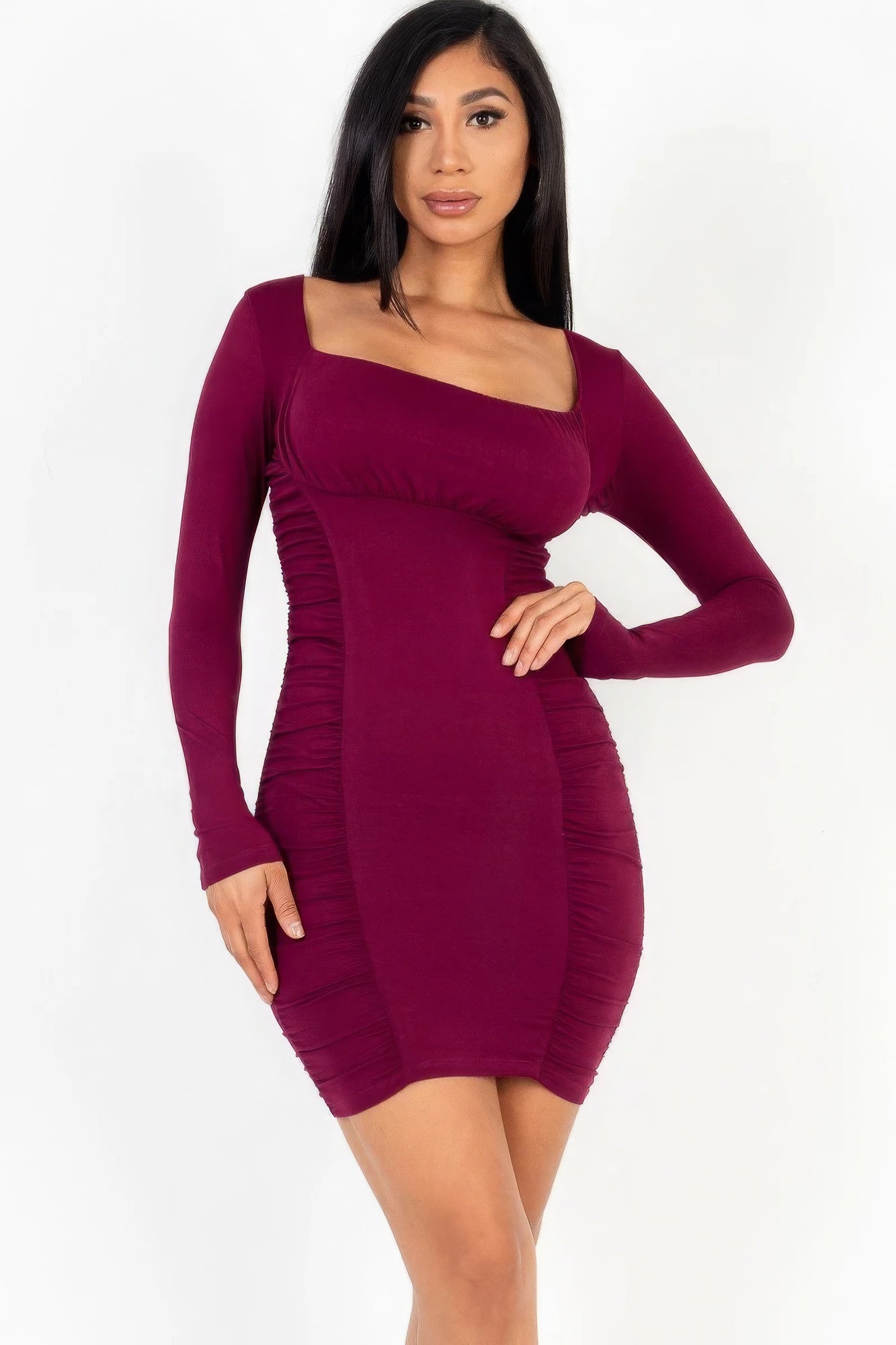 U-neck long sleeve ruched bodycon mini dress | APPAREL, CCPRODUCTS, DRESSES, SALE, SALE 40% OFF, SALE APPAREL | Style Your Curves