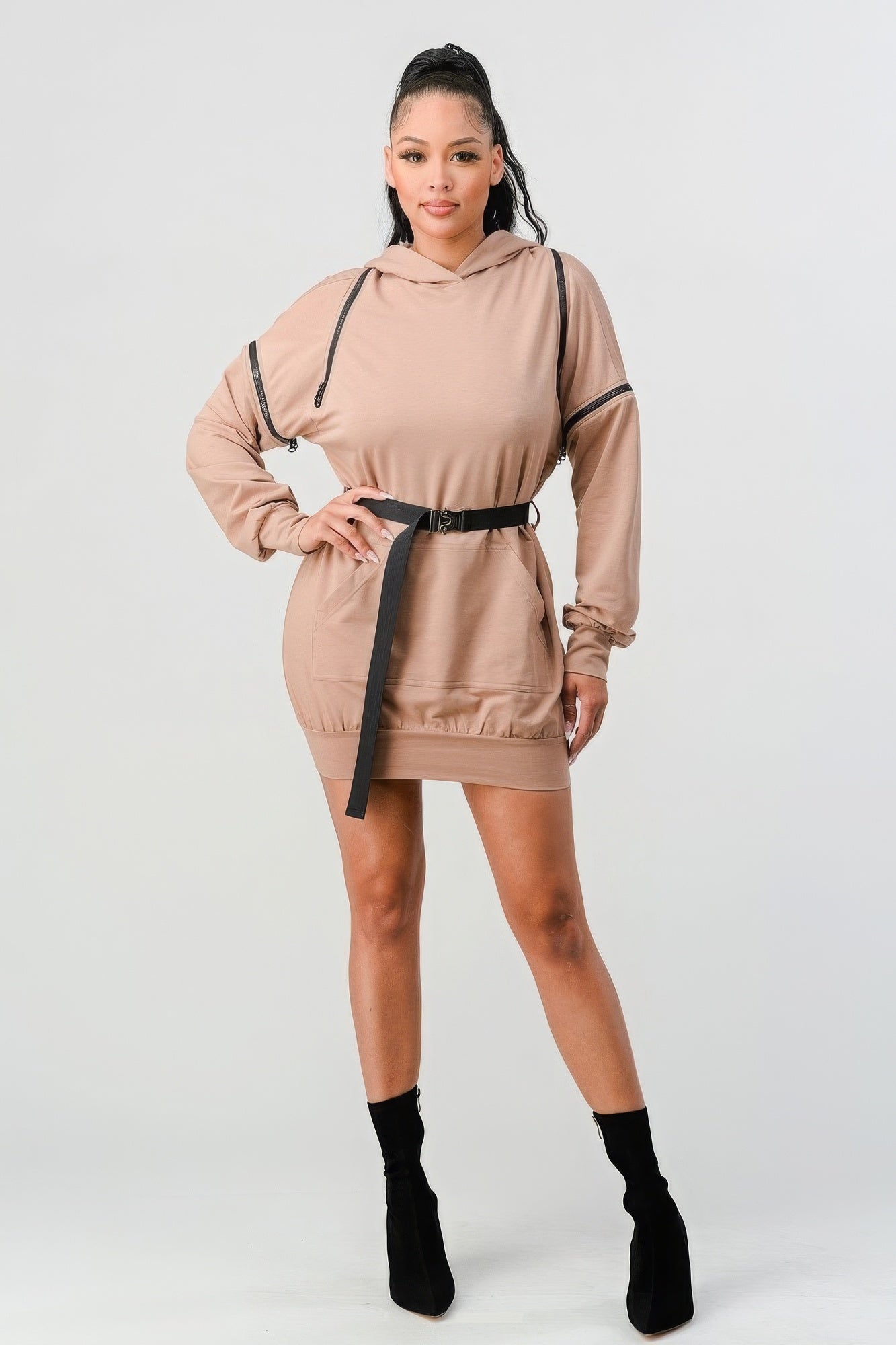 Double Zipper Long Sleeve Hooded Mini Dress | APPAREL, CCPRODUCTS, DRESSES, Nude, Olive, RESTOCKED POPULAR ITEMS, SALE, SALE 40% OFF, SALE APPAREL | Style Your Curves