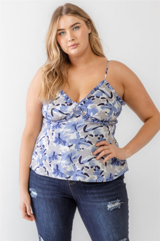 Plus Floral Print Woven Ruffle Sleeveless Back Zipper Tank Top | Blue, CCPRODUCTS, Lavender, PLUS SIZE, PLUS SIZE TOPS, Sage, SALE, SALE 30% OFF, SALE PLUS SIZE | Style Your Curves