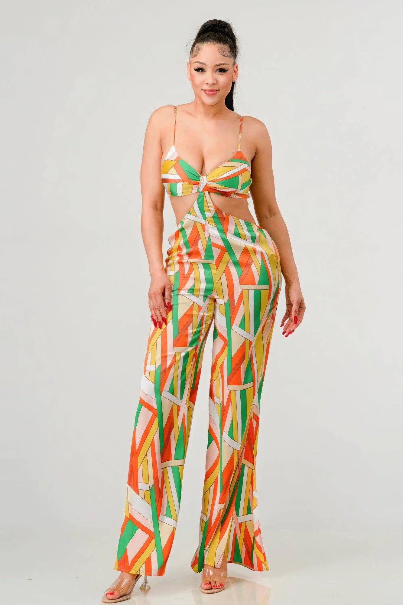 Luxe geo print satin bra top and palazzo jumpsuit | APPAREL, CCPRODUCTS, JUMPSUITS & ROMPERS, Orange Multi, SALE, SALE 20% OFF, SALE APPAREL | Style Your Curves