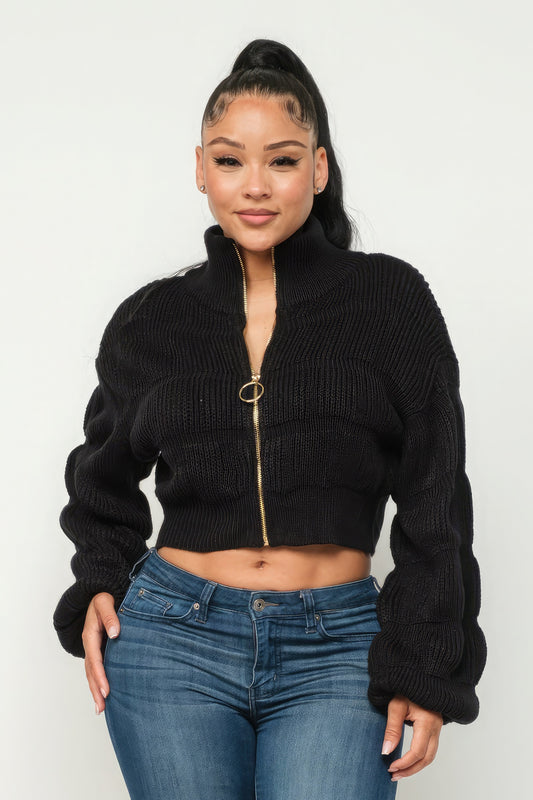 Michelin Sweater Top W/ Front Zipper | APPAREL, Black, CCPRODUCTS, OUTERWEAR, RESTOCKED POPULAR ITEMS, SALE, SALE 10% OFF, SALE APPAREL, TOPS | Style Your Curves