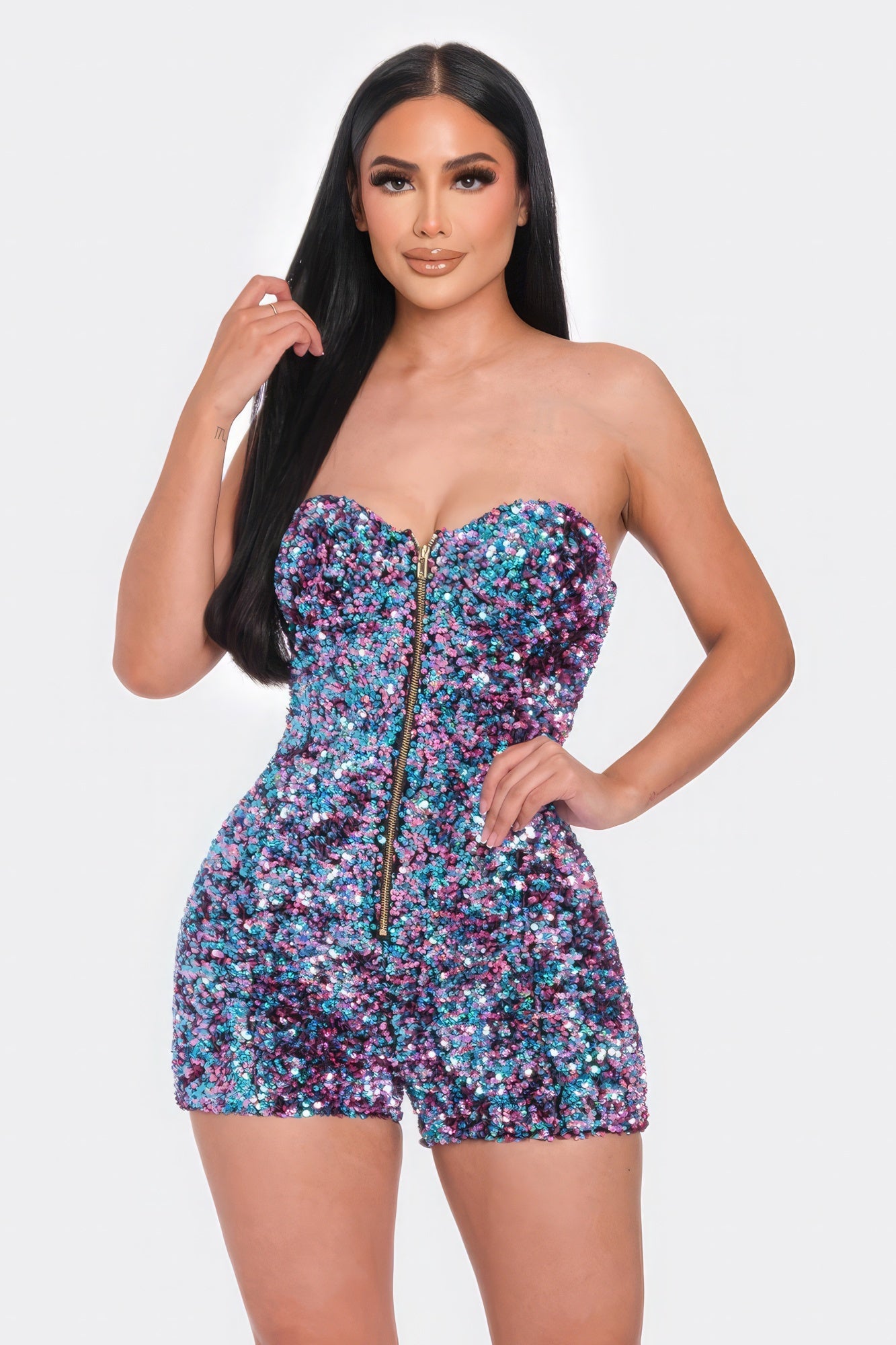 Multi Sequins Tube Top Romper | APPAREL, Blue Pink, CCPRODUCTS, Gold Green, JUMPSUITS & ROMPERS, Navy Gold, RESTOCKED POPULAR ITEMS, SALE, SALE 10% OFF, SALE APPAREL | Style Your Curves