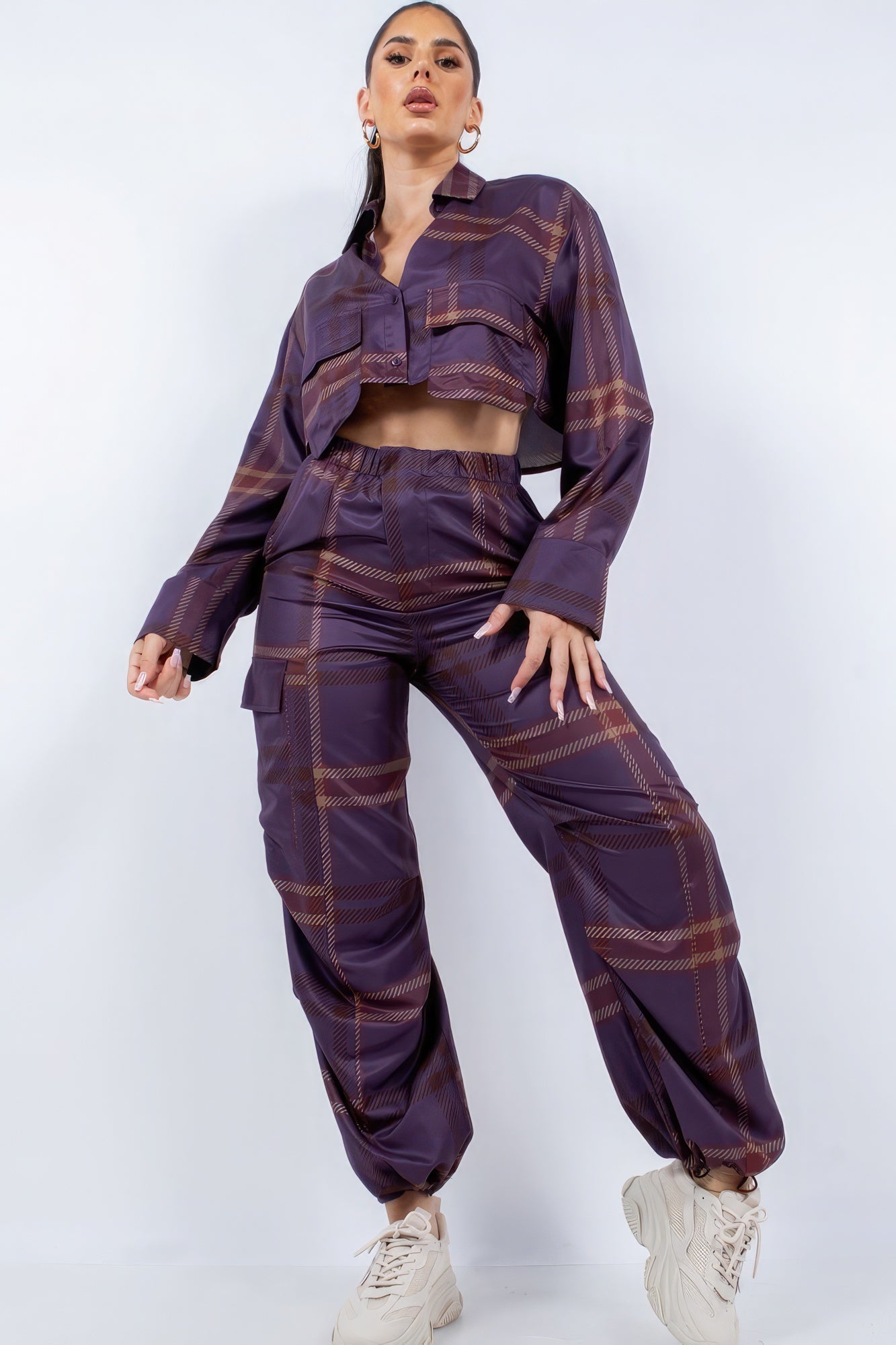 Cropped Shirt & Cargo Pants Set | APPAREL, CCPRODUCTS, Plum, SALE, SALE 10% OFF, SALE APPAREL, SETS, Taupe | Style Your Curves