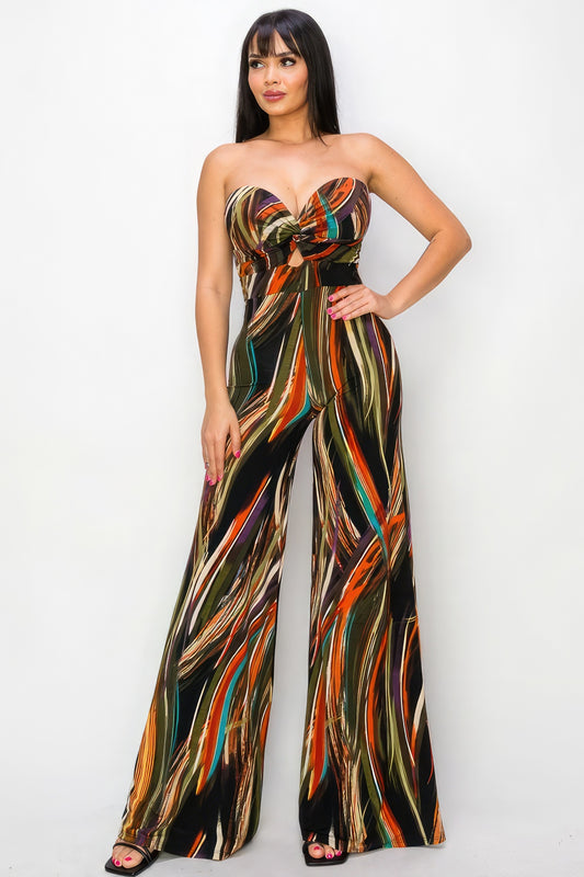 Allover Print Twist Front Wide Leg Jumpsuit | APPAREL, CCPRODUCTS, JUMPSUITS & ROMPERS, Multi/Brown/Green, NEW ARRIVALS, RESTOCKED POPULAR ITEMS | Style Your Curves