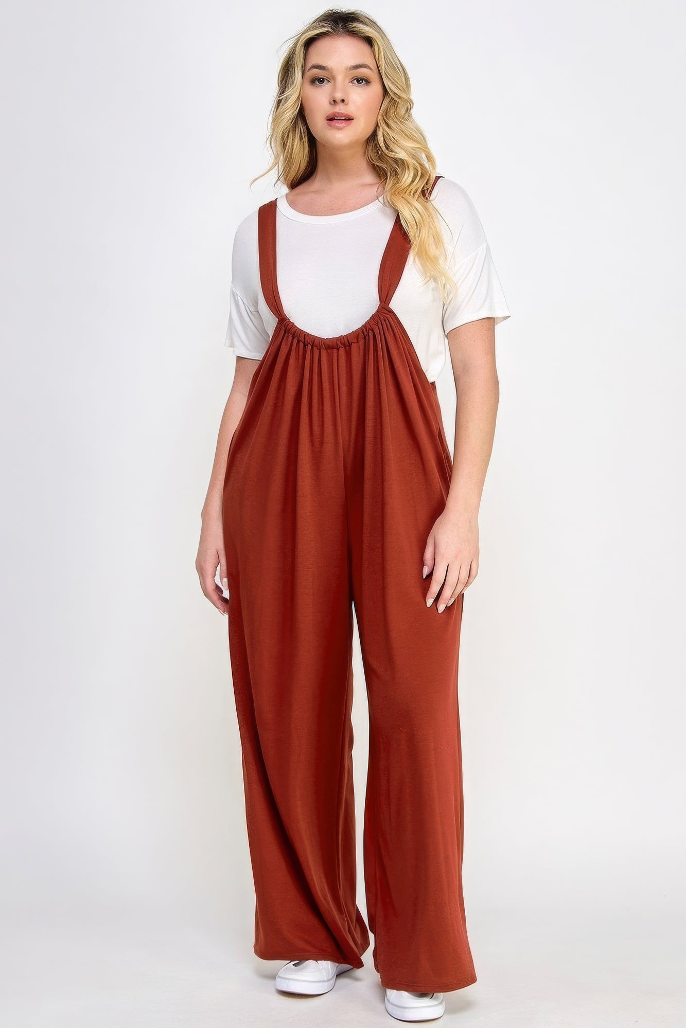 French Terry Wide Leg Jumpsuit Overalls | Brick, CCPRODUCTS, NEW ARRIVALS, PLUS SIZE, PLUS SIZE JUMPSUITS & ROMPERS | Style Your Curves