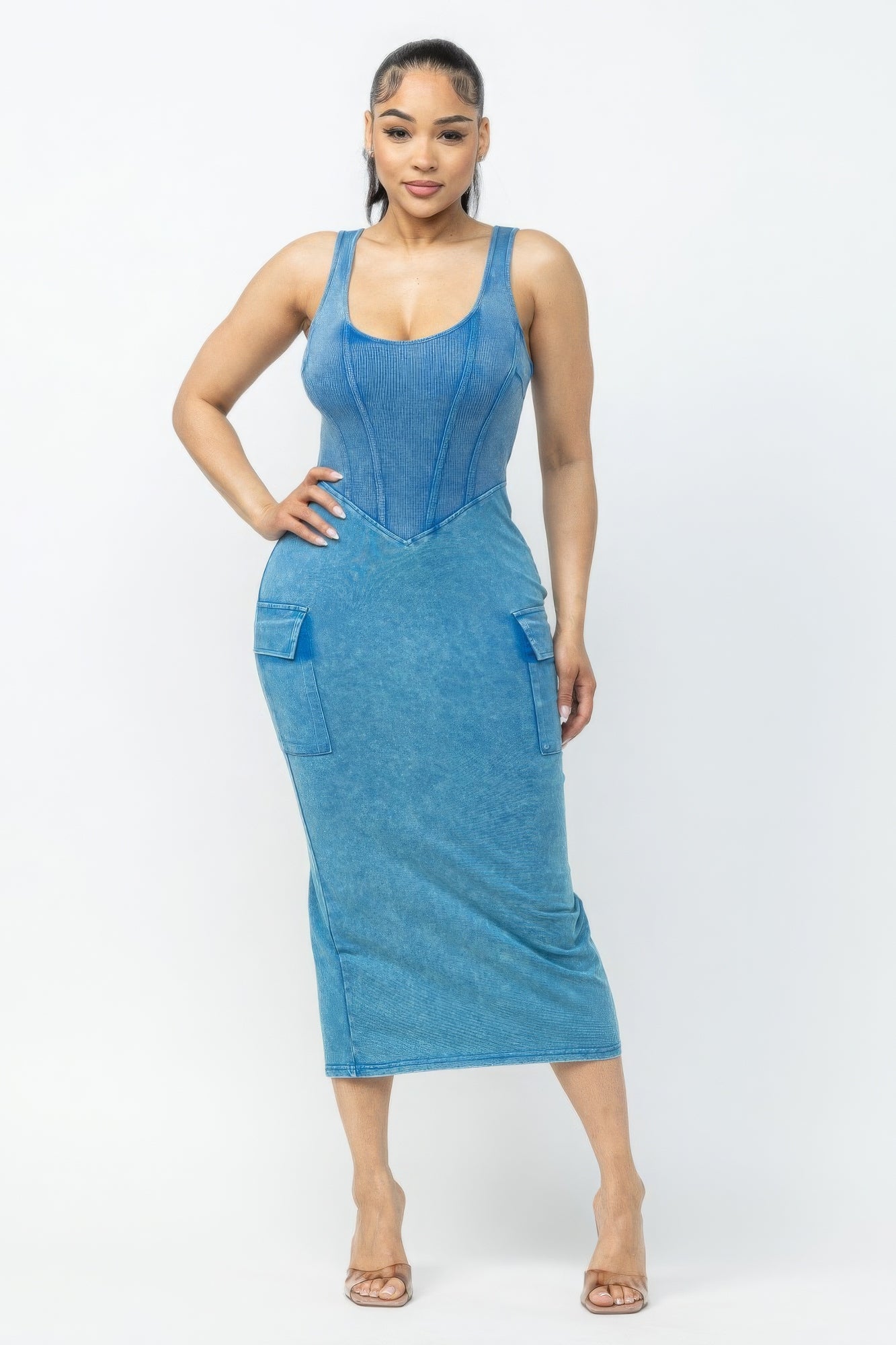 Acid Washed Cargo Midi Dress | APPAREL, Blue, CCPRODUCTS, DRESSES, NEW ARRIVALS | Style Your Curves