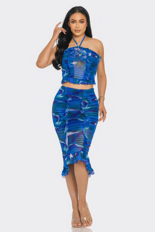 Tropical Waters Print Mesh Ruffle Halter Skirt Set | APPAREL, Blue, CCPRODUCTS, NEW ARRIVALS, Orange, SETS | Style Your Curves