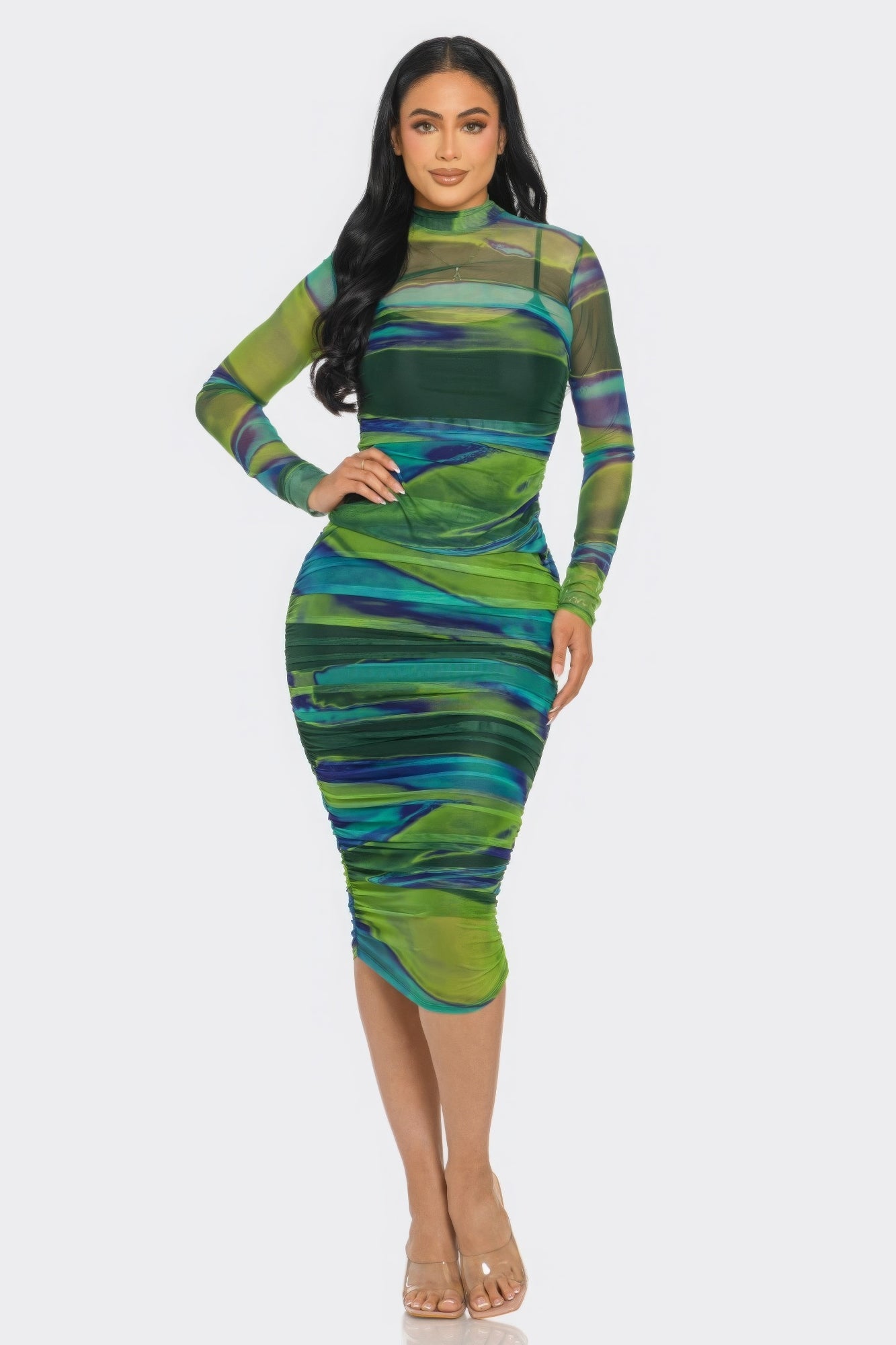 Glitch Print Mesh Ruched Midi Dress | APPAREL, CCPRODUCTS, DRESSES, Green/Blue, NEW ARRIVALS, Tomato/Yellow | Style Your Curves