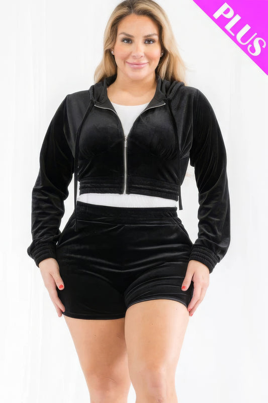 Plus Size Velour Crop Zip Up Hoodie And Shorts Set | Black, CCPRODUCTS, Hot Pink, Mustard, NEW ARRIVALS, PLUS SIZE, PLUS SIZE BASICS & ACTIVEWEAR, PLUS SIZE SETS | Style Your Curves