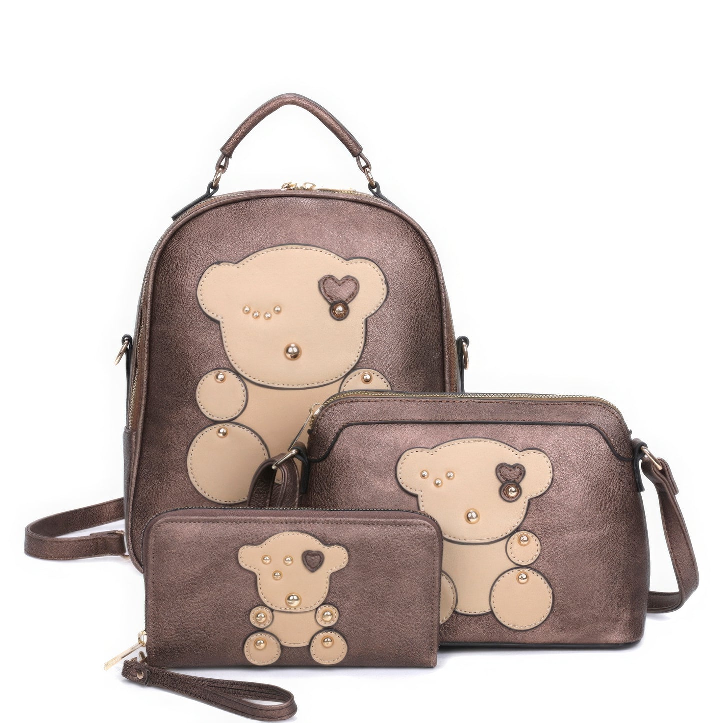 3in1 Cute Bear Design Handle Backpack W Crossbody And Wallet Set | ACCESSORIES, Brown, CCPRODUCTS, Gold, HANDBAGS, Mustard, NEW ARRIVALS, pewter, Pink, stone | Style Your Curves