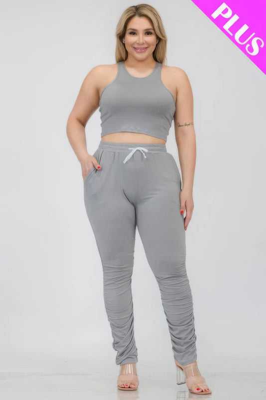 Plus Size Crop Tank Top & Ruched Pants Set | Black, CCPRODUCTS, Coffee, Flamingo, Fuchsia, Ibiza Blue, Navy, NEW ARRIVALS, PLUS SIZE, PLUS SIZE BASICS & ACTIVEWEAR, PLUS SIZE SETS, Ultimate Grey, White | Style Your Curves