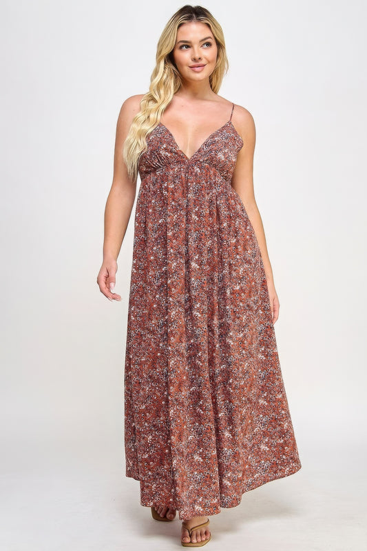 Floral Maxi Dress With Tie Back | CCPRODUCTS, NEW ARRIVALS, PLUS SIZE, PLUS SIZE DRESSES, Rust, Taupe | Style Your Curves