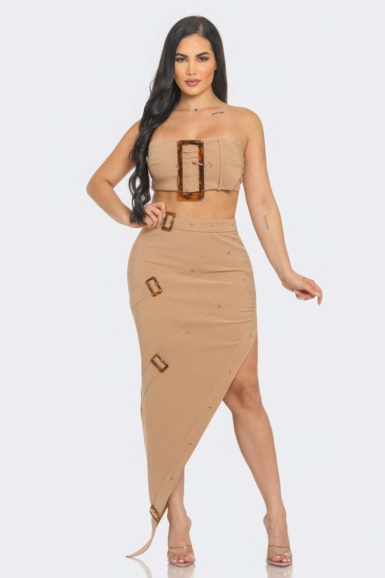 Front Eyelet Buckle Belt Top And Skirt Set | APPAREL, Black, CCPRODUCTS, NEW ARRIVALS, SETS, Taupe | Style Your Curves