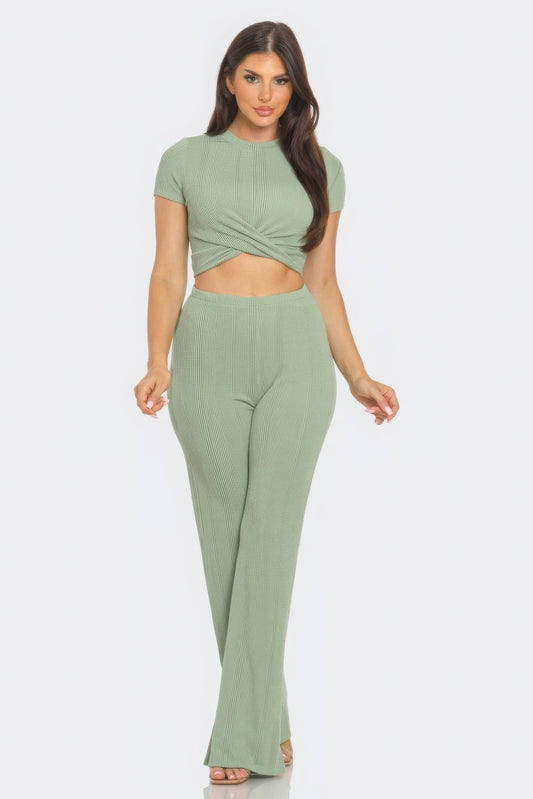 Front Twist Detail Top And Flare Pants Set | APPAREL, CCPRODUCTS, Mauve, NEW ARRIVALS, Sage, SETS | Style Your Curves