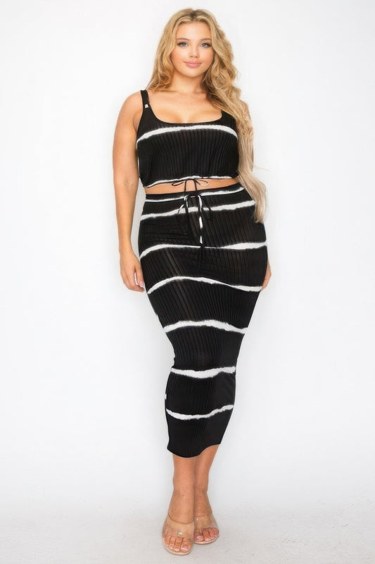 Plus sleeveless tie dye stripe 2 piece skirt set | Black, CCPRODUCTS, NEW ARRIVALS, PLUS SIZE, PLUS SIZE SETS | Style Your Curves