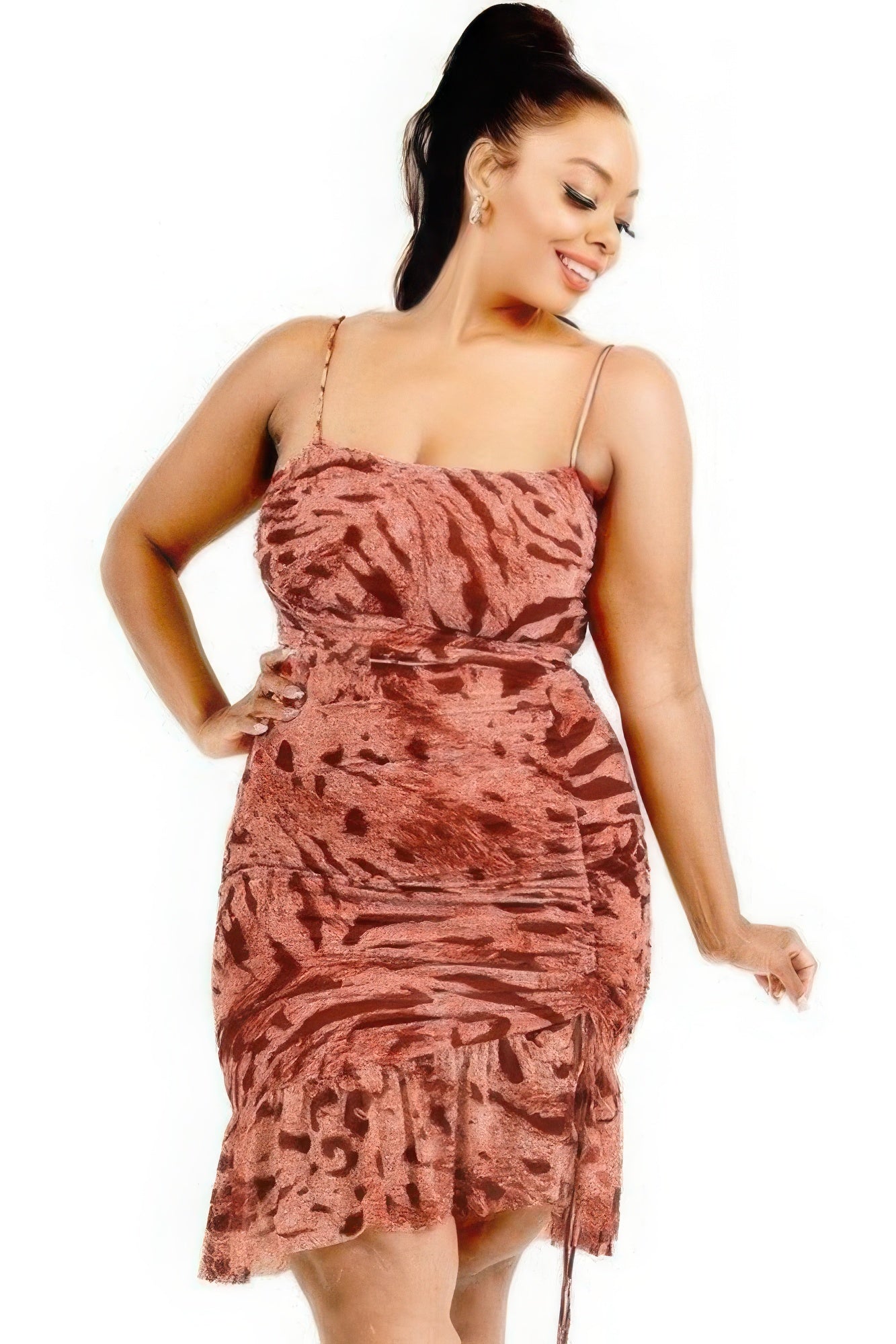 Plus wild animal print cami strap ruffle hem dress | Burgundy, CCPRODUCTS, NEW ARRIVALS, PLUS SIZE, PLUS SIZE JUMPSUITS & ROMPERS, Taupe/Brown | Style Your Curves