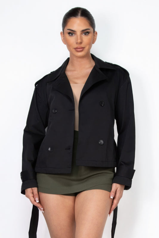 Double-breasted Waist-tie Trench Coat | APPAREL, Black, CCPRODUCTS, NEW ARRIVALS, Olive, OUTERWEAR, RESTOCKED POPULAR ITEMS, TOPS | Style Your Curves