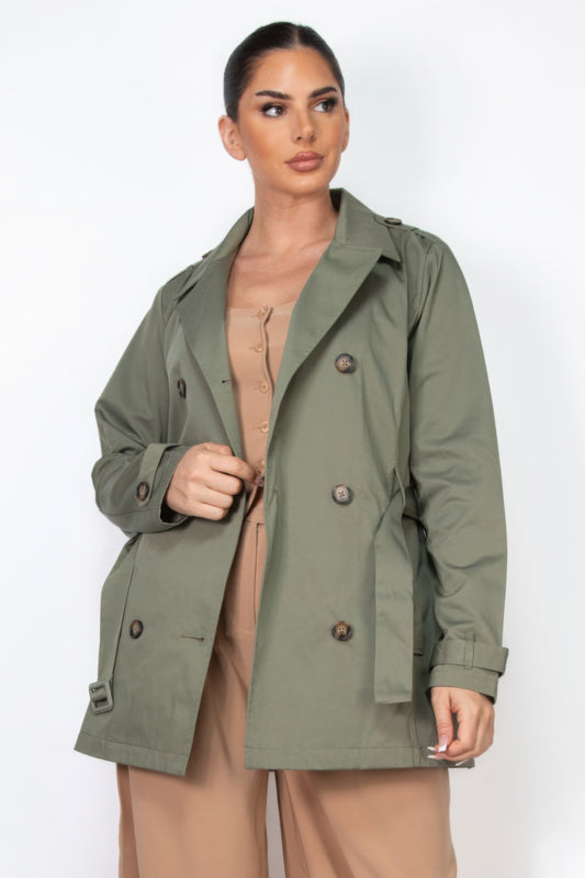 Double-breasted Notch Belted Coat | APPAREL, Black, Camel, CCPRODUCTS, Dark Olive, NEW ARRIVALS, OUTERWEAR, TOPS | Style Your Curves