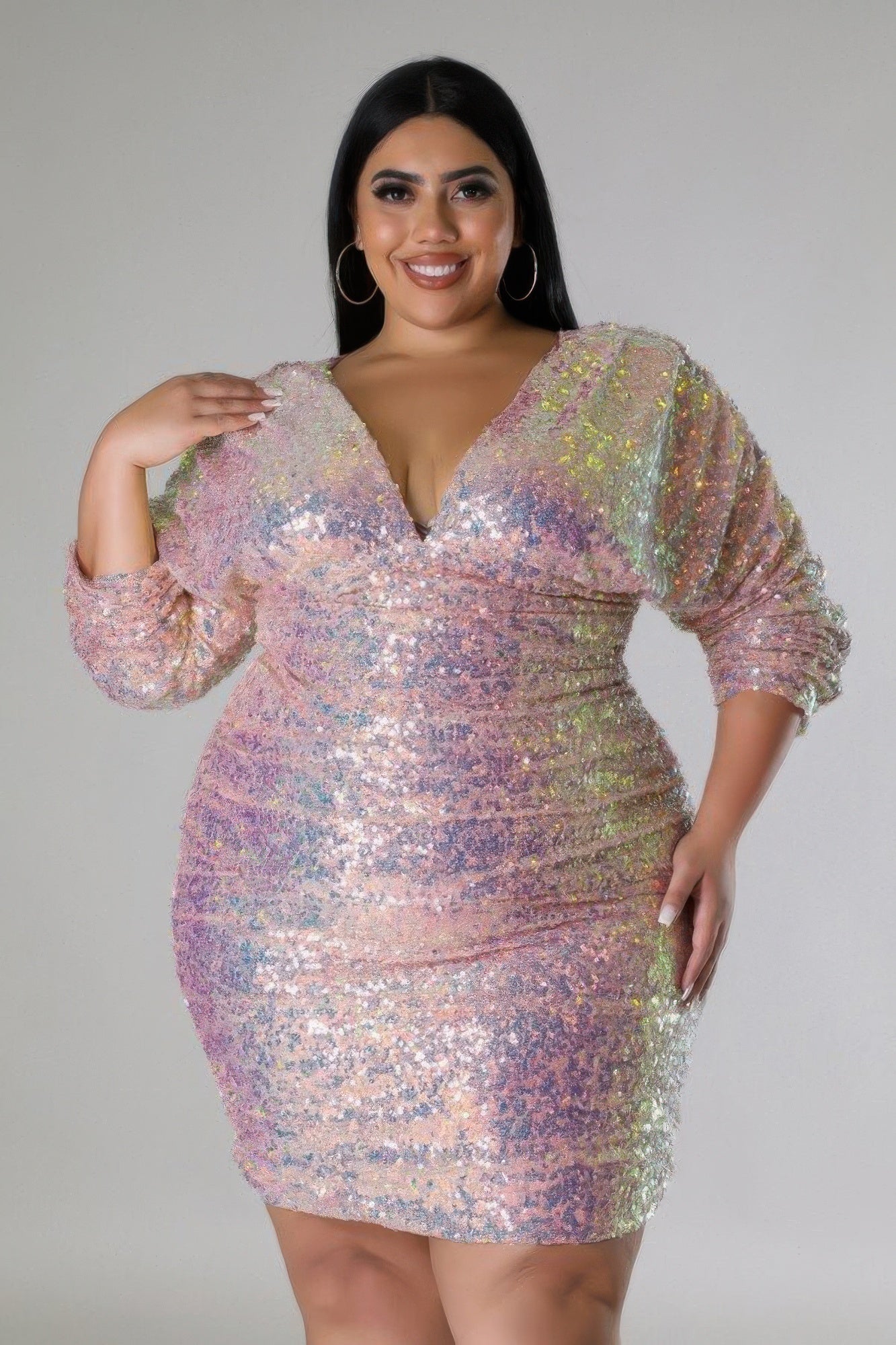 Long Ruched Sleeves Semi Stretch Dress | Blush Pink, CCPRODUCTS, NEW ARRIVALS, PLUS SIZE, PLUS SIZE DRESSES | Style Your Curves