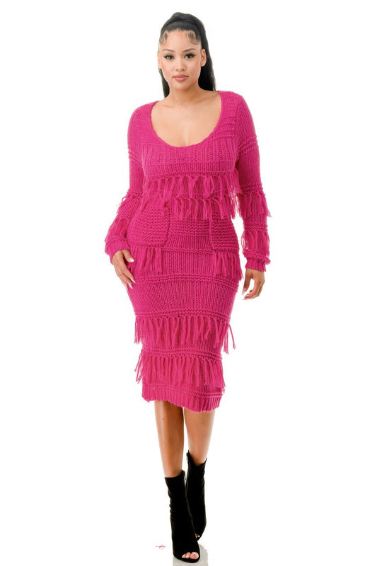 Knit Long Sleeve Fringe Dress | APPAREL, Black, CCPRODUCTS, DRESSES, Ivory, Mocha, NEW ARRIVALS, Pink | Style Your Curves