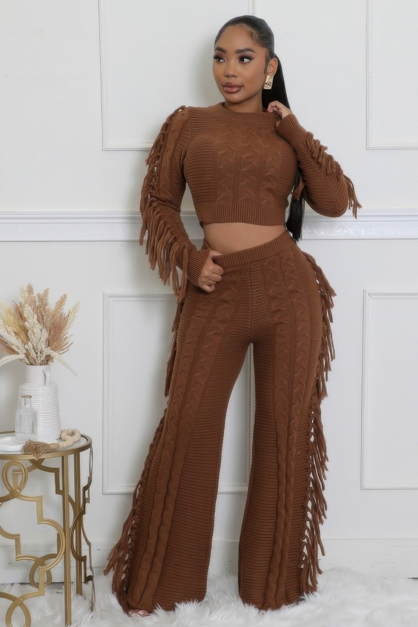 Knitted Stretch Pant Set | APPAREL, Brown, Camel, CCPRODUCTS, NEW ARRIVALS, SETS | Style Your Curves