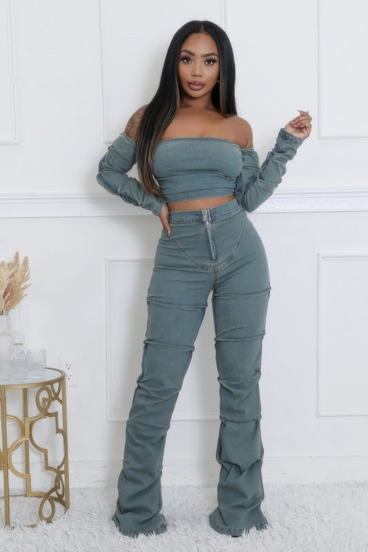 Denim Off The Shoulder Stretch Pant Set | APPAREL, CCPRODUCTS, Denim, NEW ARRIVALS, SETS | Style Your Curves