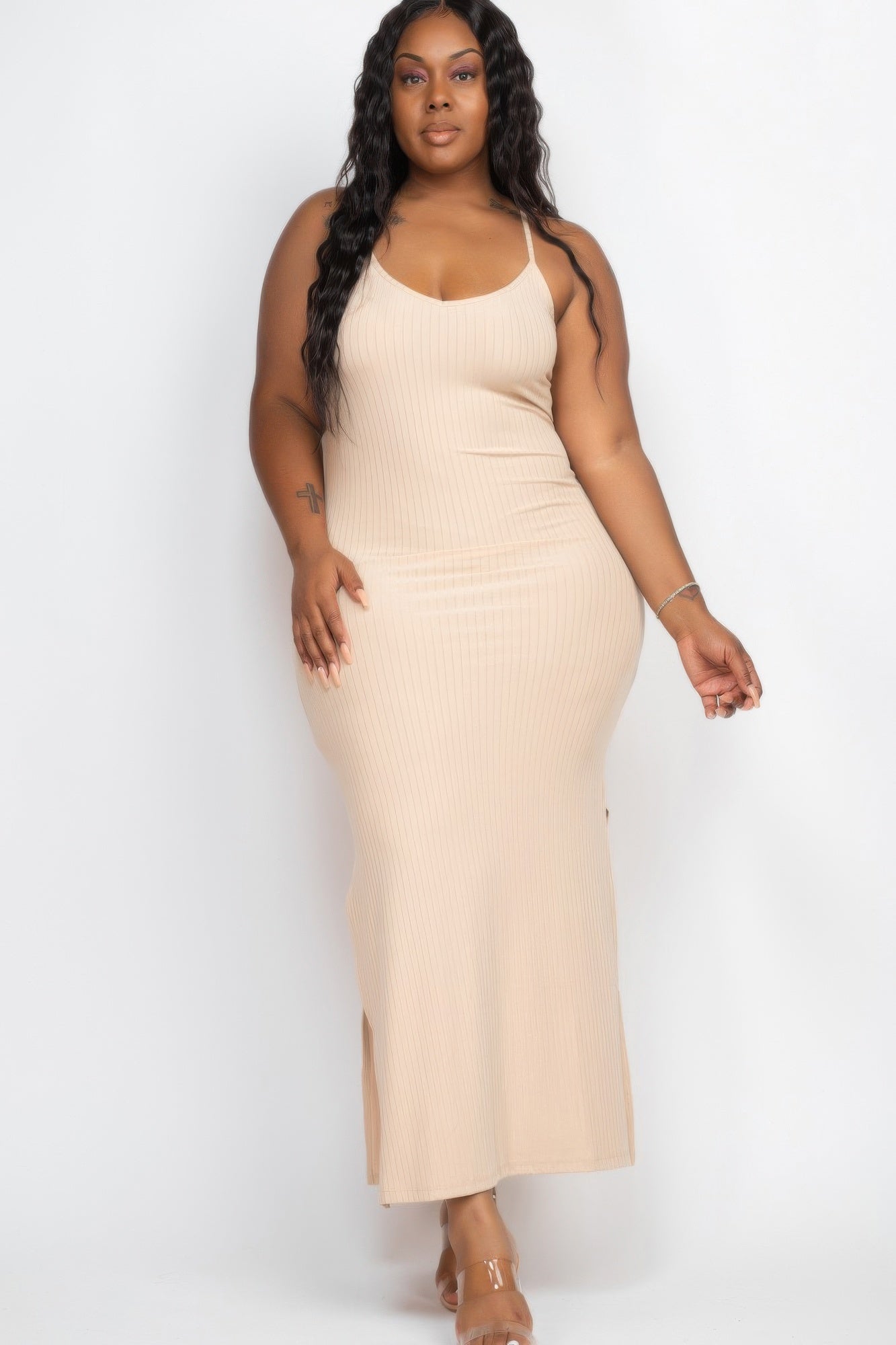 Plus Size Ribbed Side Slit Long Cami Maxi Dress | CCPRODUCTS, Chive Blossom, Green Bay, Khaki, NEW ARRIVALS, PLUS SIZE, PLUS SIZE DRESSES, Sun Baked, Taupe | Style Your Curves