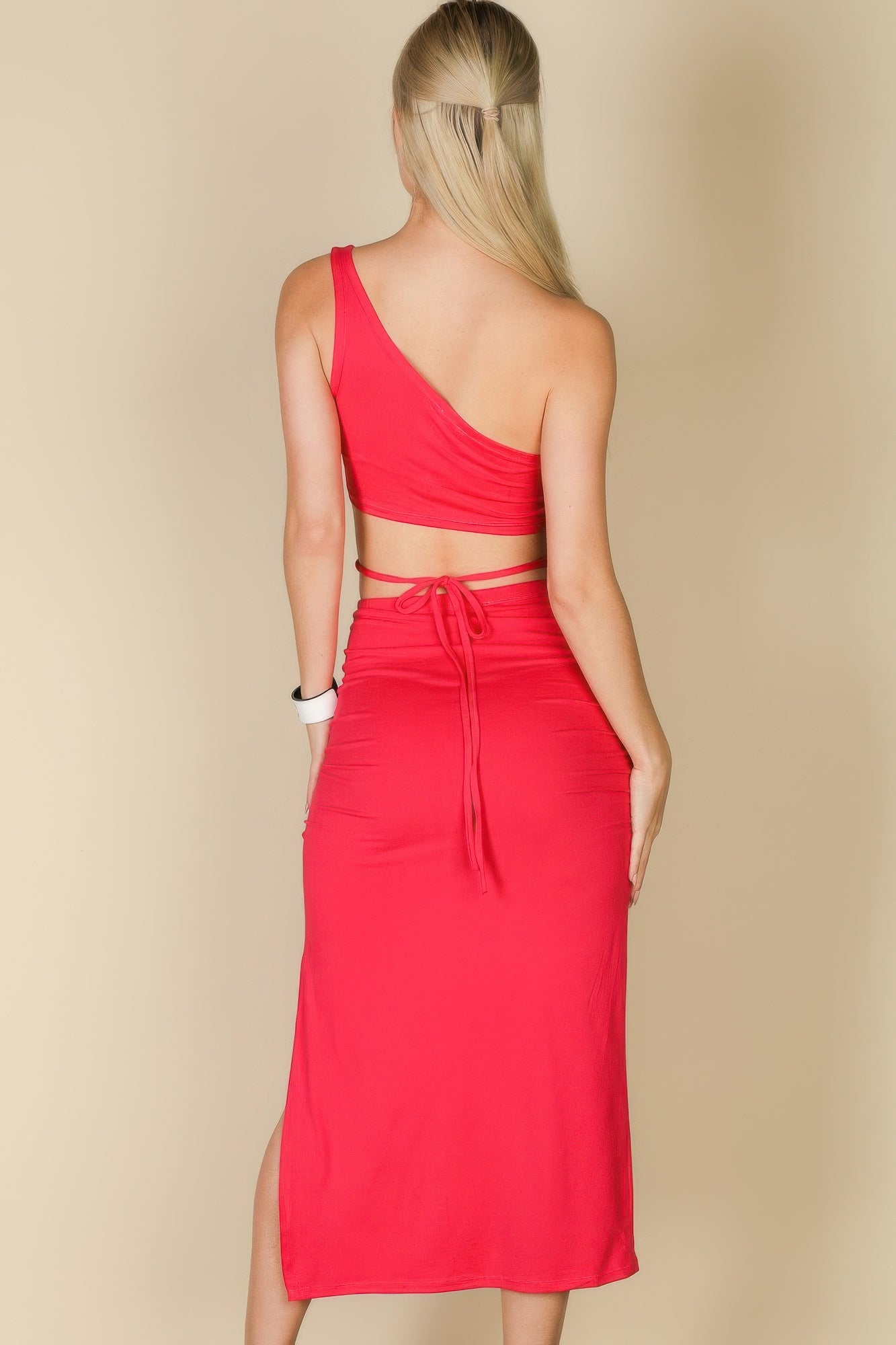 One Shoulder Crop Top & Drawstring Ruched Crisscross Skirt Set