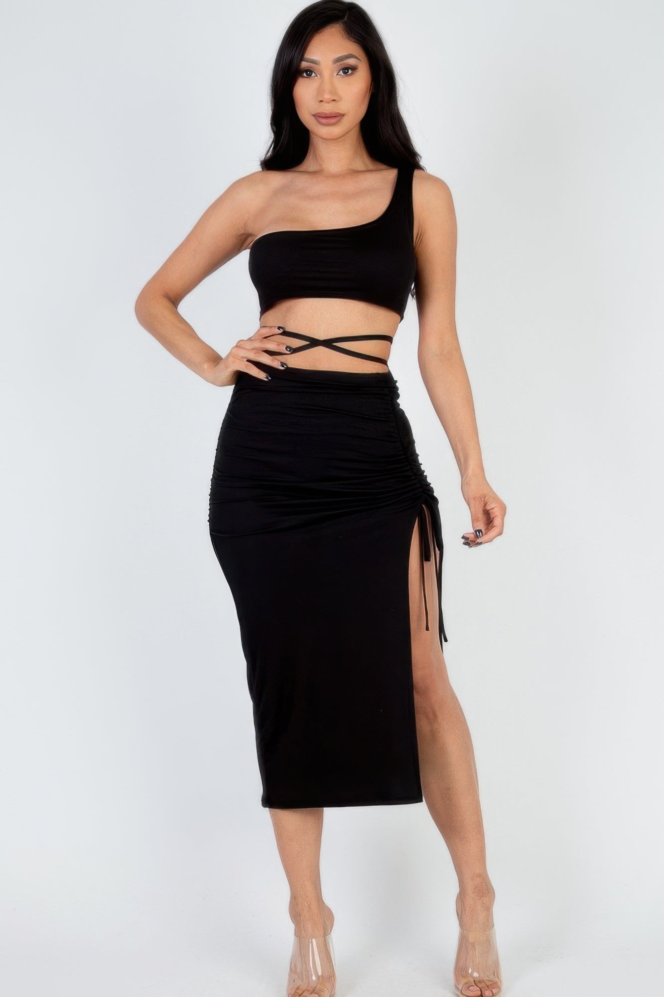 One Shoulder Crop Top & Drawstring Ruched Crisscross Skirt Set