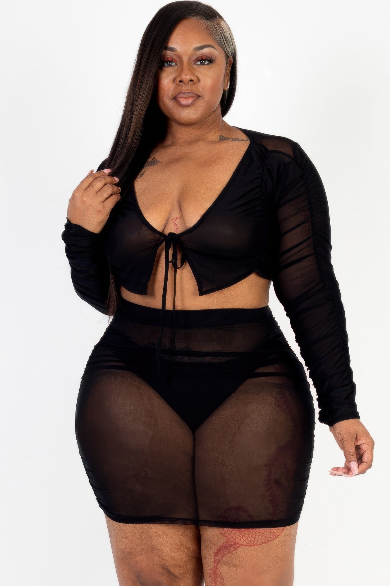 Plus Size Sheer Mesh Tie Front Crop Top & Ruched Side Mini Dress | APPAREL, Black, CCPRODUCTS, NEW ARRIVALS, PLUS SIZE DRESSES, White | Style Your Curves