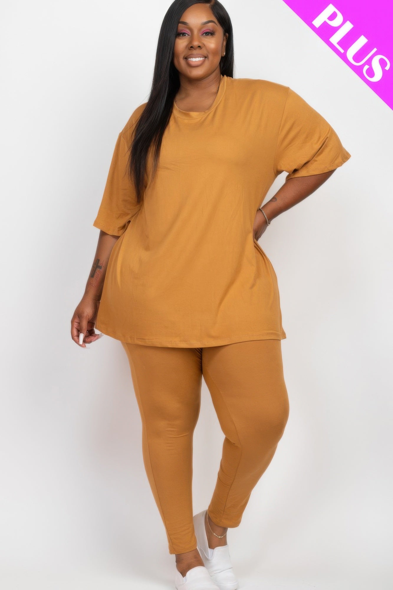 Plus Size Oversized T-shirt & Leggings Set | APPAREL, Brown sugar, CCPRODUCTS, Downtown Brown, Faded Denim, Green Bay, NEW ARRIVALS, Nostalgia Rose, PLUS SIZE SETS, Polignac, Taupe Gray, Tomato Cream, Winery | Style Your Curves